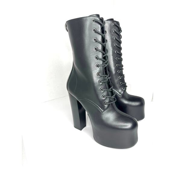 Saint Laurent Black Cherry Leather Platform Ankle Boots lace-up Designer EU 36.5 - Picture 11 of 14